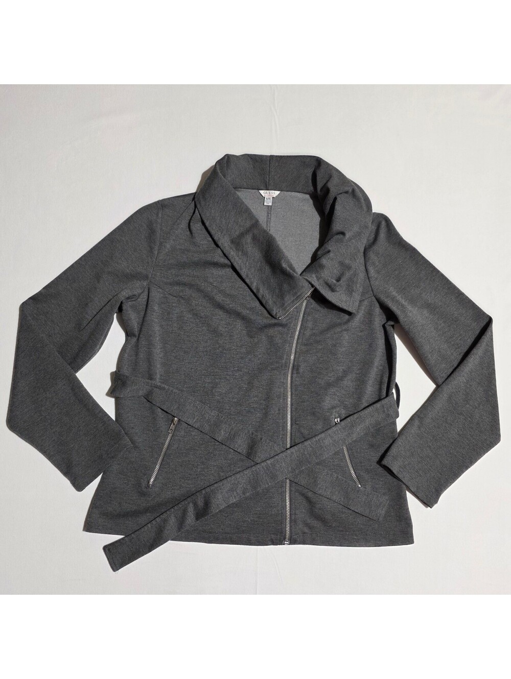 GUESS Asymmetrical Full-Zip Knit Jacket Grey Shawl Collar Belted XL